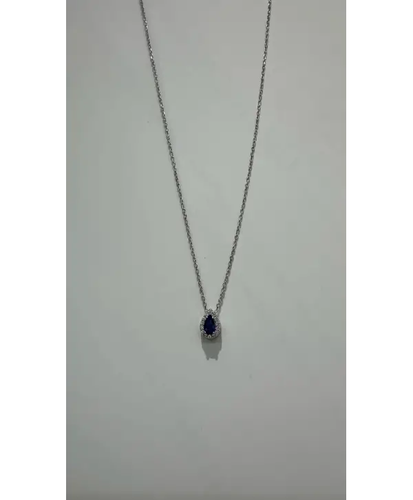 925 Ayar Gümüş Safir Renk Taşlı Damla Model Çıtır Kolye