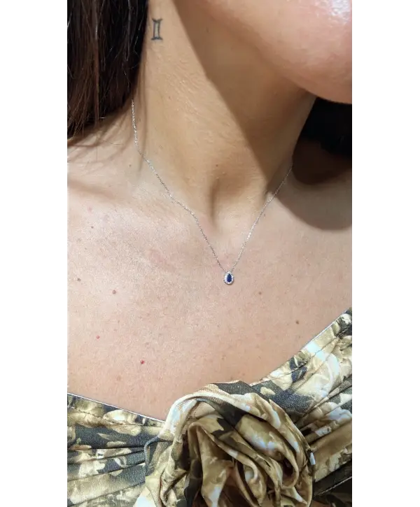 925 Ayar Gümüş Safir Renk Taşlı Damla Model Çıtır Kolye