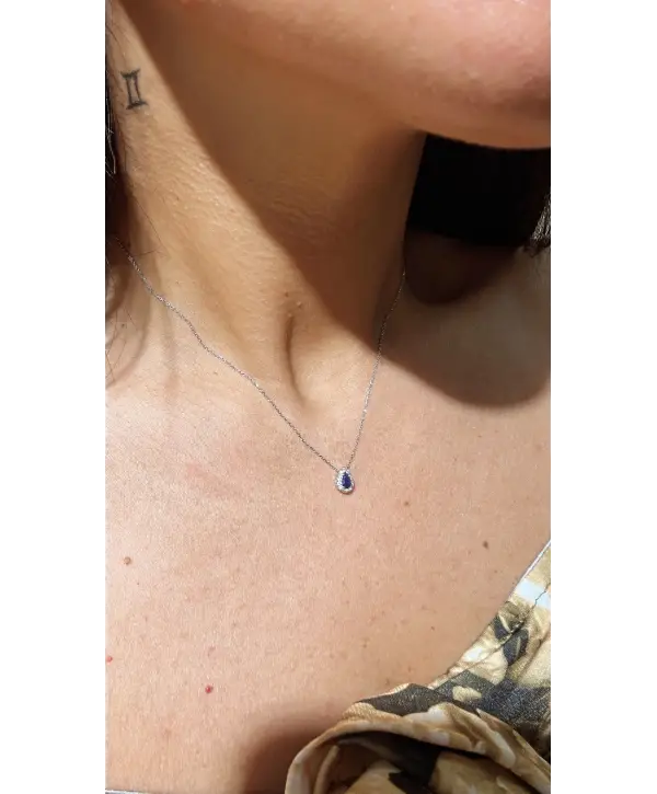 925 Ayar Gümüş Safir Renk Taşlı Damla Model Çıtır Kolye