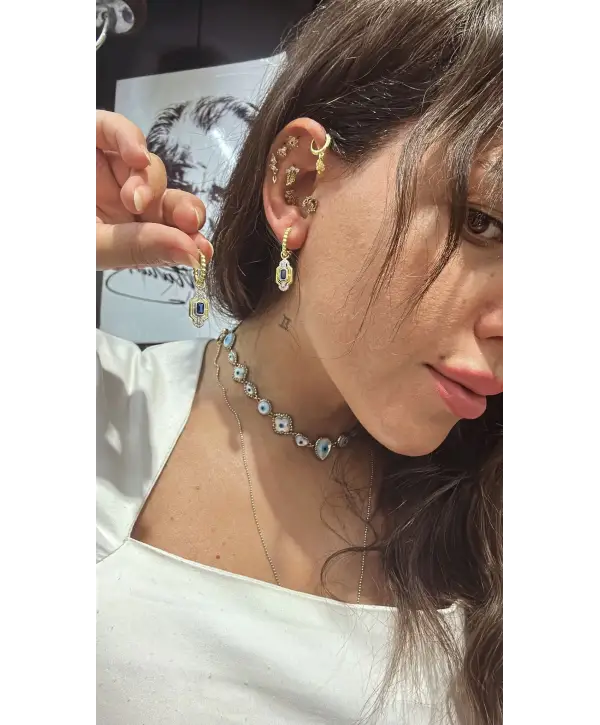 925 Ayar Gümüş Safir Renk Taşlı Altın Model Küpe