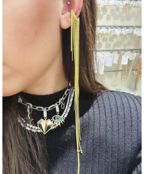 925 Ayar Gümüş Uzun Çoklu Zincir Sallantılı Kıkırdak Küpe