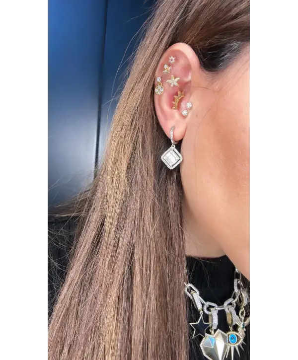 925 Ayar Gümüş Pırlanta Montür Baget Taşlı Sallantılı Küpe