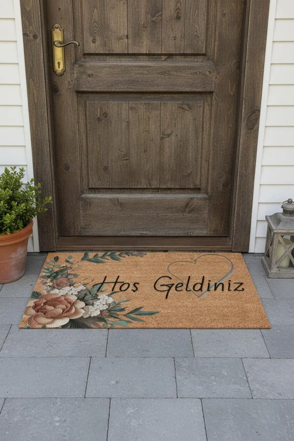 Valerine Life Vintage Zambak ve Kalpli Kahverengi Ev Ofis İş yeri Dükkan Kapı Önü Paspası 45x70cm