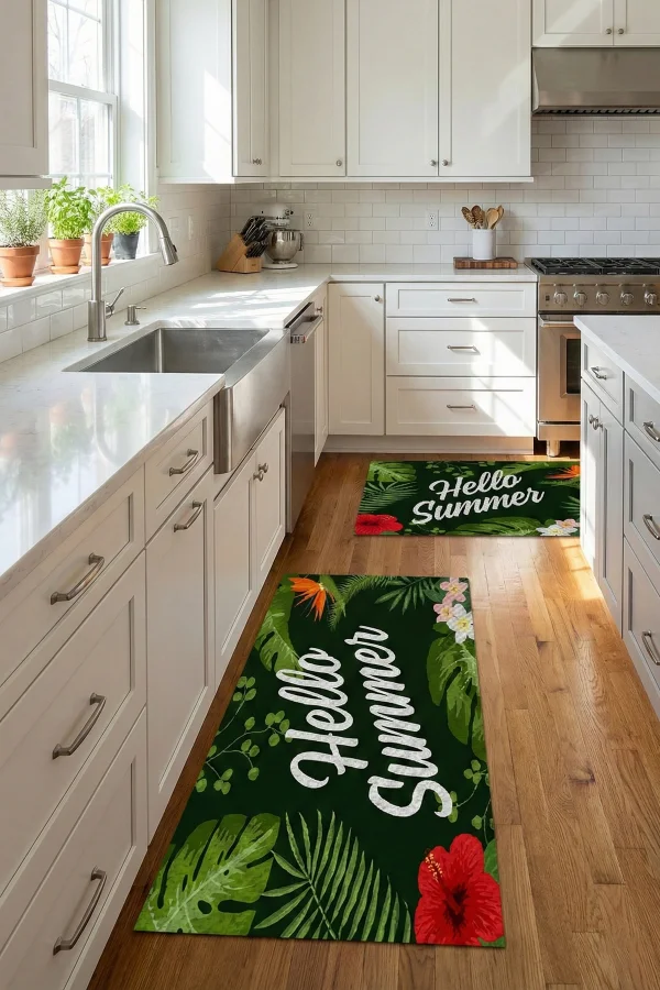 Valerine Life Mutfak Yolluğu Halısı Hello Summer Yeşil Tezgah Önü Paspası İkili Kilim Takımı Döküntülere Estetik Çözüm Matı
