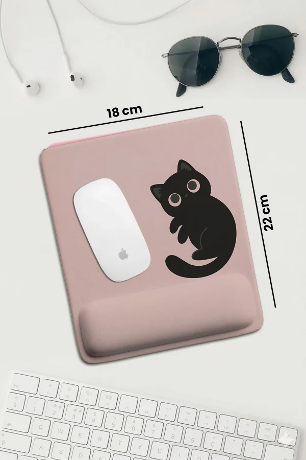 SonicTouch Pembe Bilek Destekli Siyah Kedili Dikdörtgen Pürüzsüz Yüzey Ergonomik Mouse Pad 18x22cm