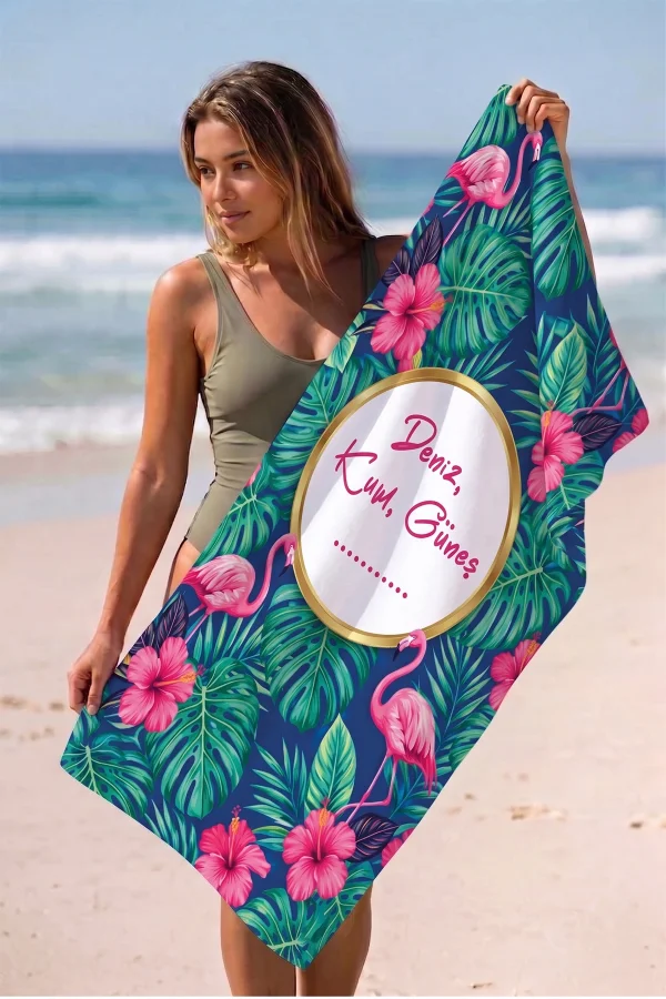 Valerine Life isme Kişiye Özel Pembe Flamingolu Plaj Havuz Spa Sauna Spor Havlusu 70x140cm Pamuklu Yüksek Emicilik