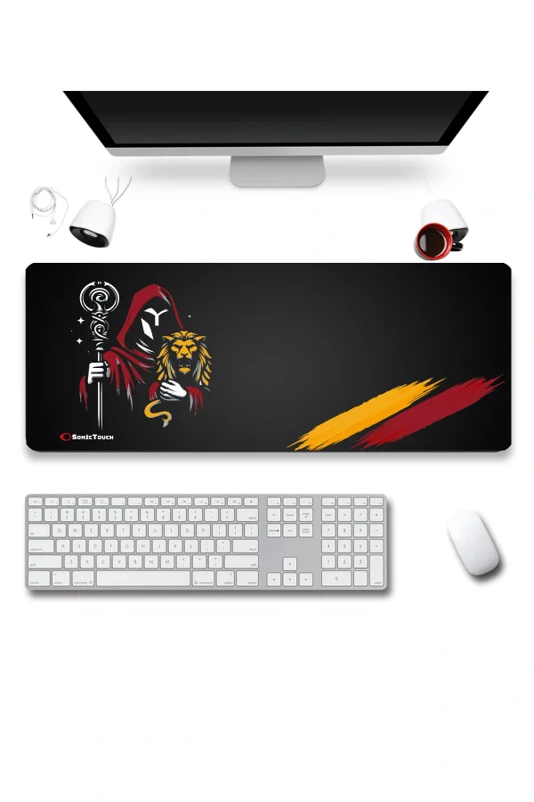 SonicTouch Aslan Muhafızı Sarı Kırmızı Dikişsiz Pürüzsüz Sıvı Geçirmez XXL Gamer Klavye Mousepad 40x90cm
