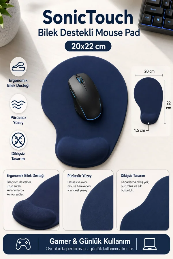 SonicTouch Bilek Destekli Mouse Pad 20x22cm Lacivert Damla Tipi Pürüzsüz Yüzey Dikişsiz Gamer Oyuncu