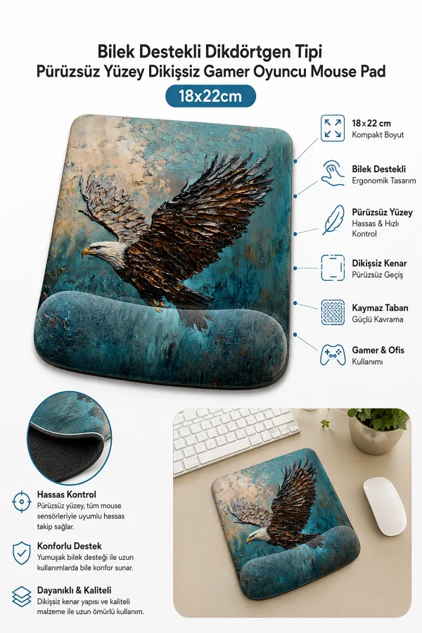 SonicTouch Bilek Destekli Mouse Pad 18x22cm Göklerin Kralı Kartal Mavi Dikdörtgen Pürüzsüz Yüzey