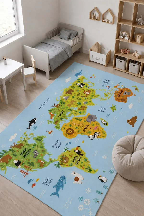 SonicTouch Çocuk Oyun Halısı ingilizce Eğitici Dünya Haritası ve Hayvanlar 70x120cm isme Kişiye Özel