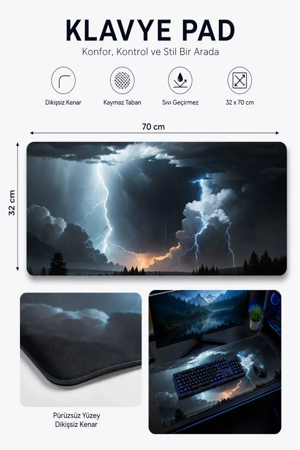 SonicTouch Ay Yıldızlı Fırtına Kaymaz Taban Pürüzsüz Yüzey Dikişsiz Gamer Klavye Mouse Pad 32x70cm