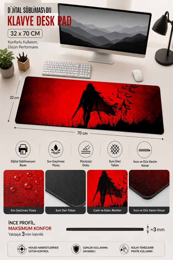 SonicTouch Klavye Mouse Pad 32x70Cm Crimson Siren Vampir Kadın Kırmızı Gamer Oyuncu Sıvı Geçirmez