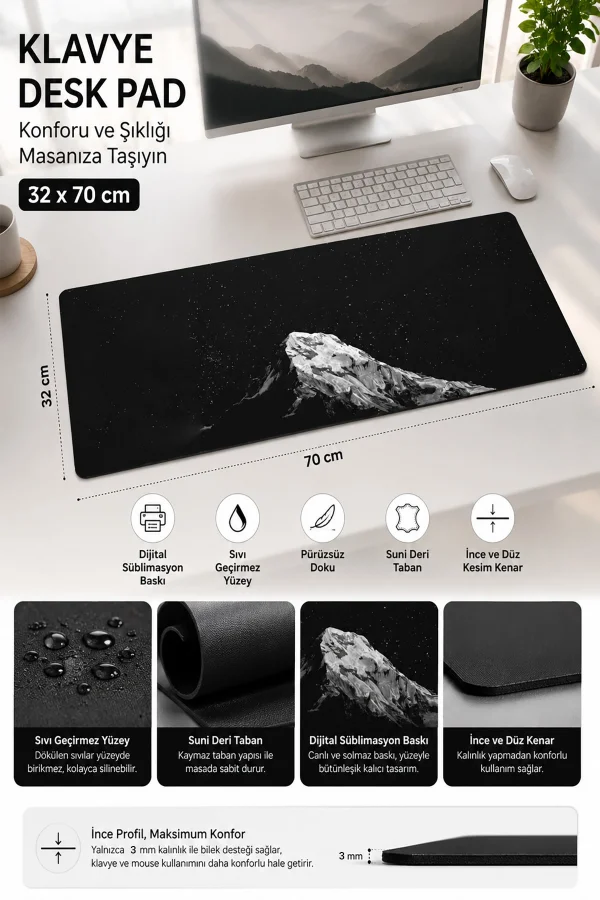 SonicTouch Klavye Mouse Pad 32x70Cm Siyah Dağ Temalı Gamer Oyuncu Sıvı Geçirmez Pürüzsüz Yüzey