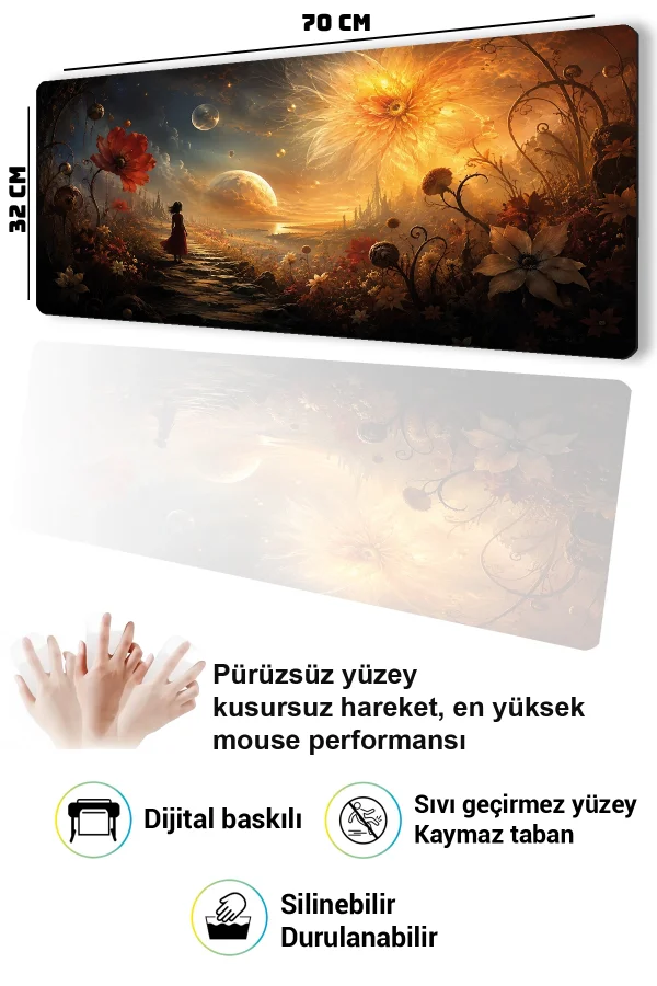 SonicTouch Klavye Mousepad 32x70cm Kozmik Flora Dikişsiz Pürüzsüz Sıvı Geçirmez Kaymaz Taban
