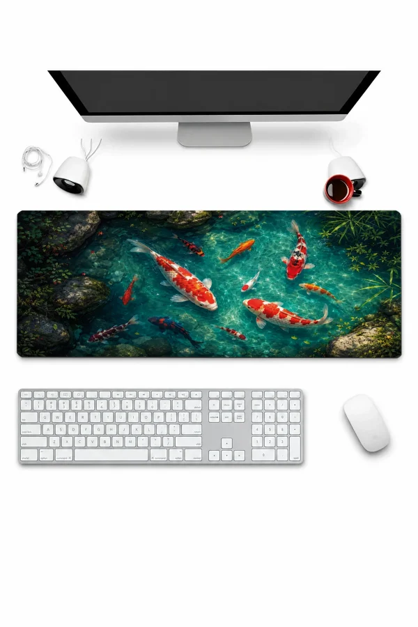 SonicTouch Klavye Mousepad 32x70cm Turkuaz Koi Gölü Dikişsiz Pürüzsüz Sıvı Geçirmez Kaymaz Taban