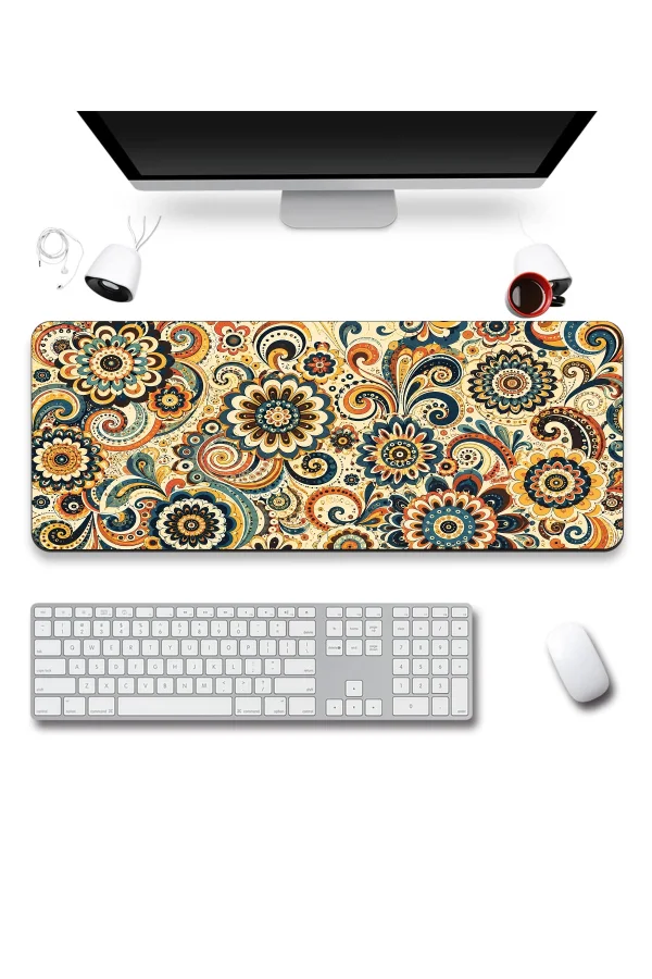 SonicTouch Klavye Mousepad 40x90cm Retro Çiçek Rüyası Pürüzsüz Sıvı Geçirmez Kaymaz Taban