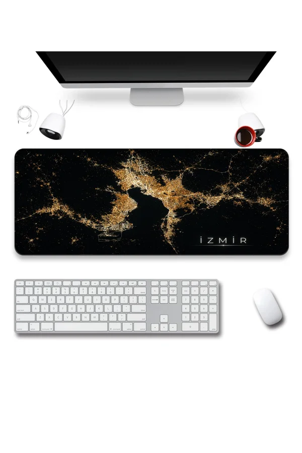 SonicTouch Klavye Mousepad 40x90cm izmir Gece Haritası Dikişsiz Pürüzsüz Sıvı Geçirmez Kaymaz Taban