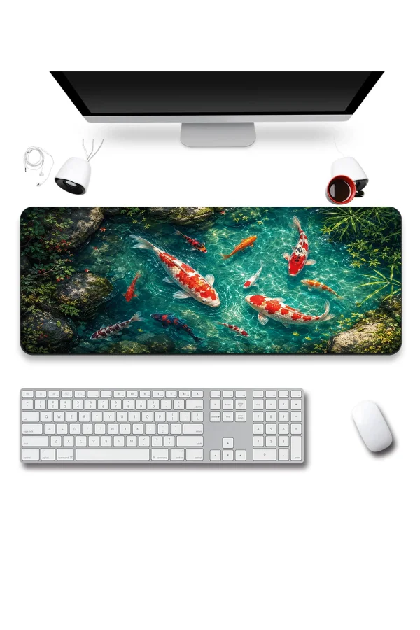 SonicTouch Klavye Mousepad 40x90cm Turkuaz Koi Gölü Dikişsiz Pürüzsüz Sıvı Geçirmez Kaymaz Taban