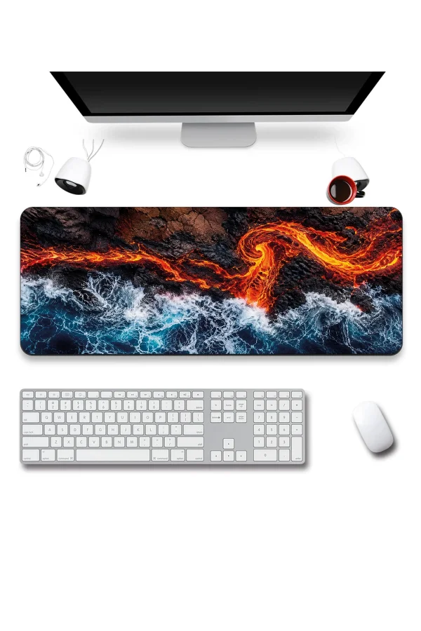 SonicTouch Klavye Mousepad 40x90cm Ateş ve Okyanus Dikişsiz Pürüzsüz Sıvı Geçirmez Kaymaz Taban