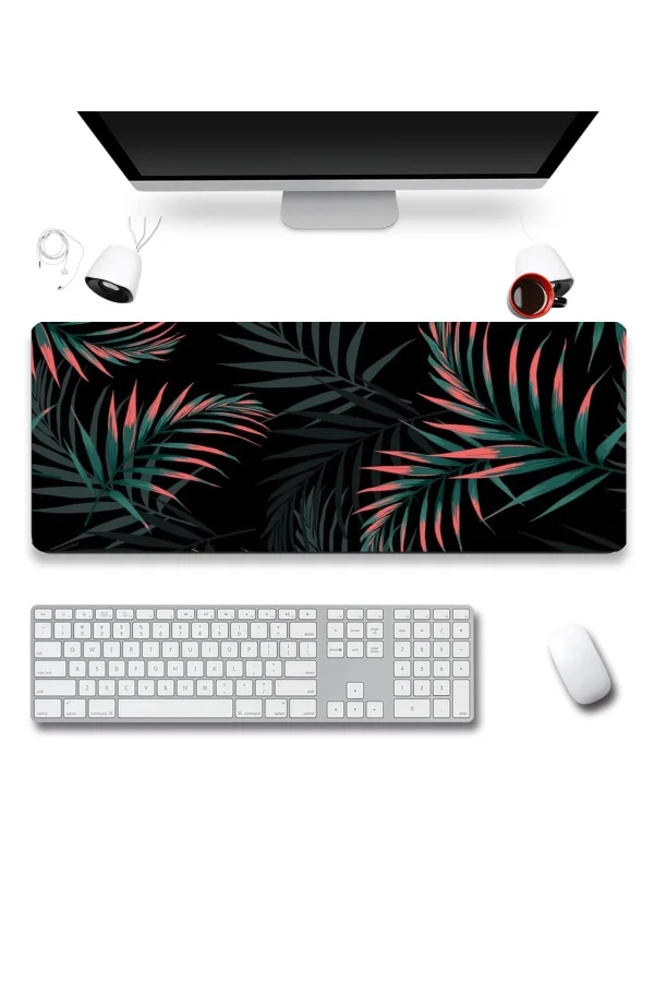 SonicTouch Bohem Palmiye Yaprakları Siyah Gamer Oyuncu Dikişsiz Sıvı Geçirmez Klavye Mouse Pad 32x70Cm