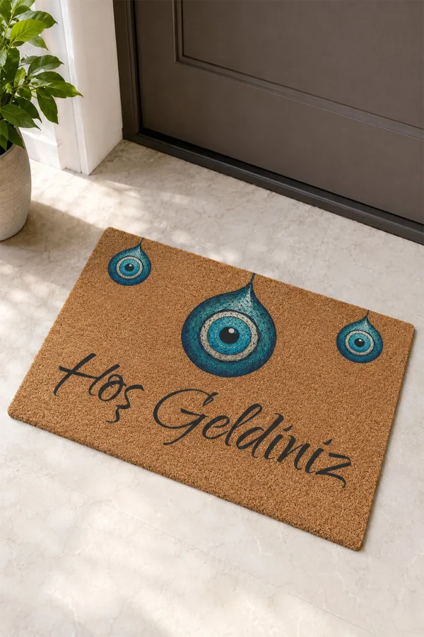 Valerine Life Bize Nazar Değmesin Üçlü Nazar Boncuğu Hoş Geldiniz Welcome Kapı Önü Paspası 45x70cm