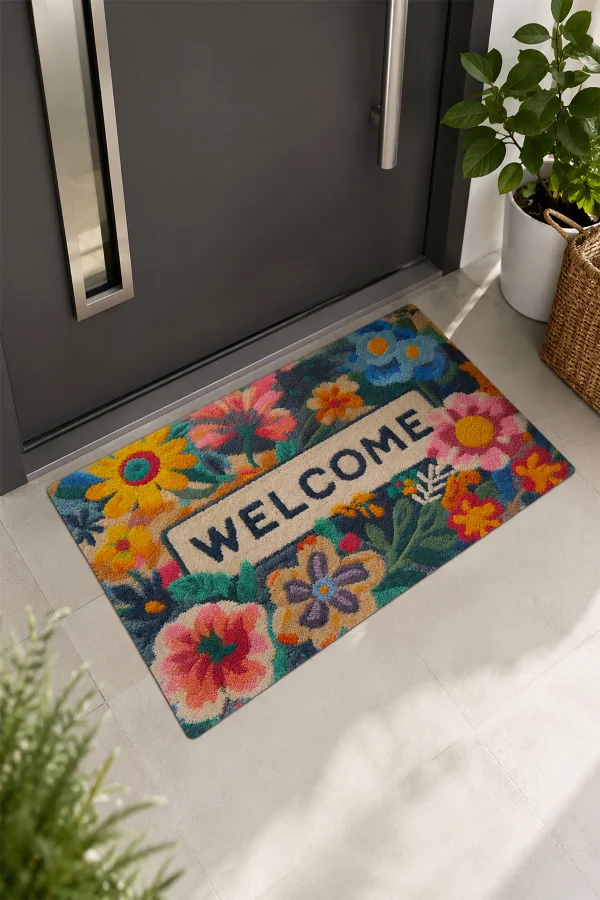 Valerine Life Çiçekli Sarı Papatyalı Welcome Hoş Geldiniz Ev işyeri iç Dış Kapı Önü Paspası 45x70cm