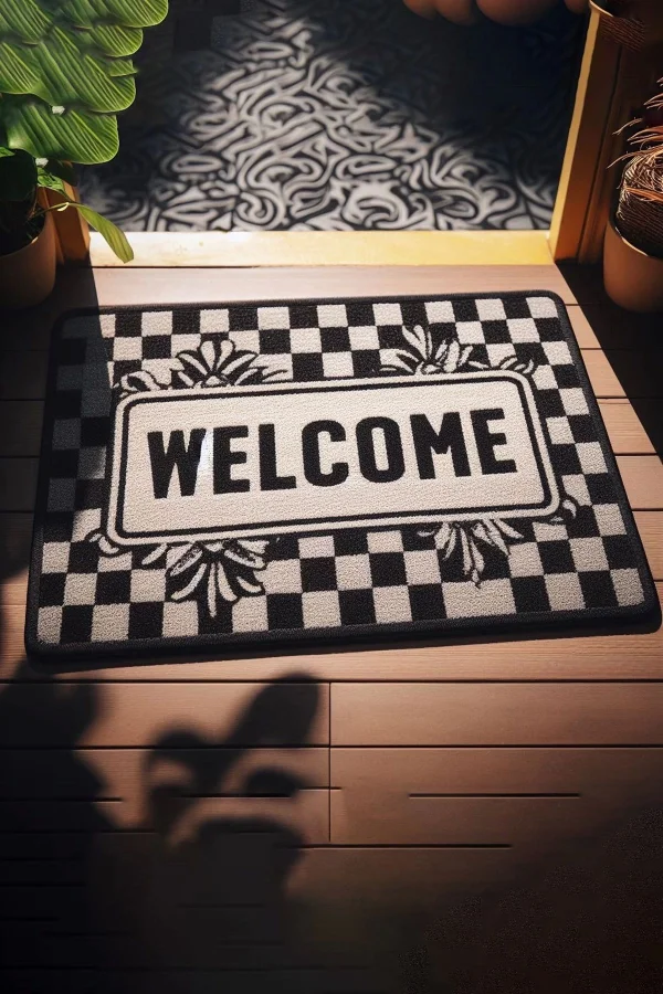 Valerine Life Dama ve Yaprak Desenli Siyah Beyaz Welcome Kapı Önü Paspası 45x70cm