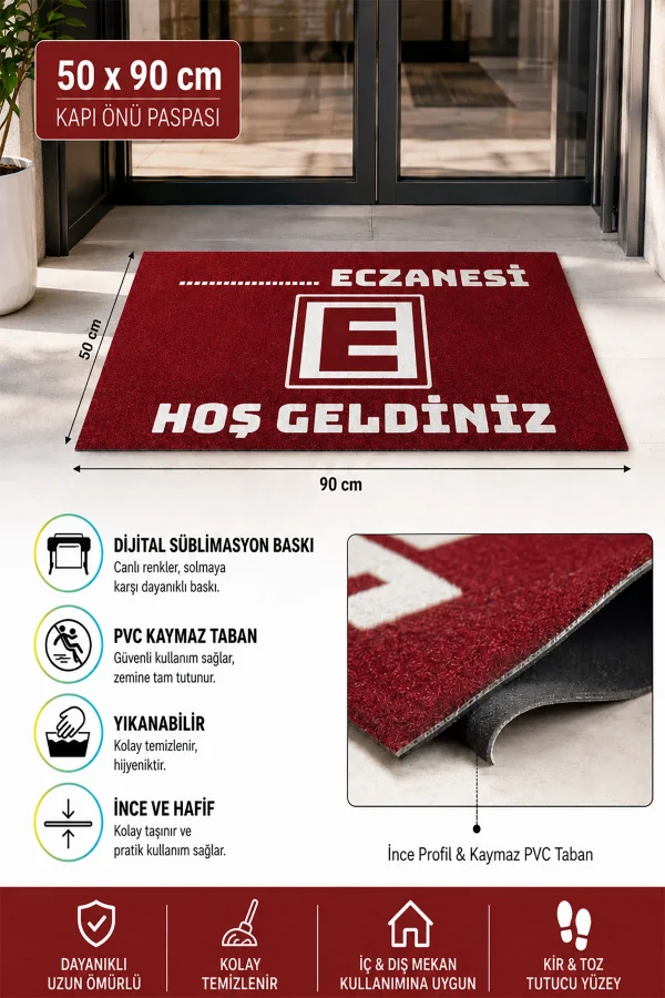 Valerine Life Eczane Logolu Kırmızı Hoş Geldiniz İşyeri Kapı Önü Paspası 50x90cm Kişiye Firmaya Özel