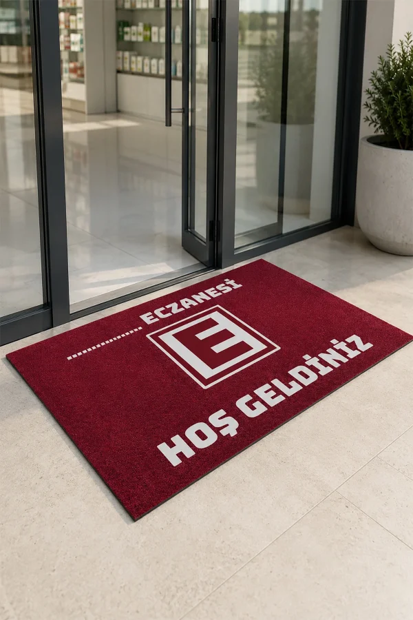 Valerine Life Eczane Logolu Kırmızı Hoş Geldiniz İşyeri Kapı Önü Paspası 45x70cm Kişiye Firmaya Özel