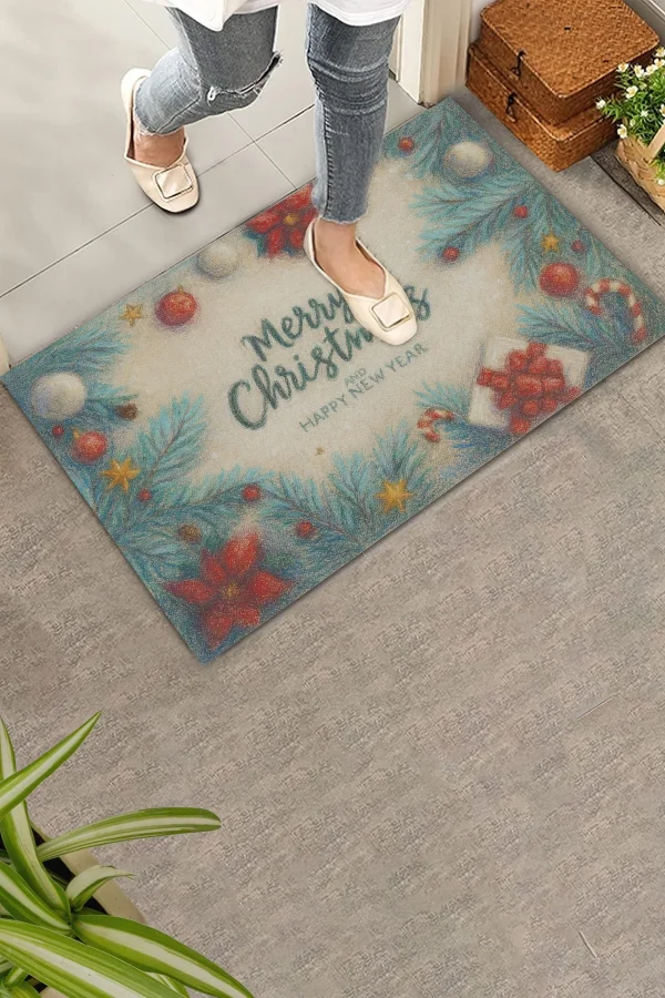 Valerine Life Tebeşir Çizimi Yılbaşı Noel Çam Ağaçlı Welcome Hoş Geldiniz Kapı Önü Paspası 45x70cm