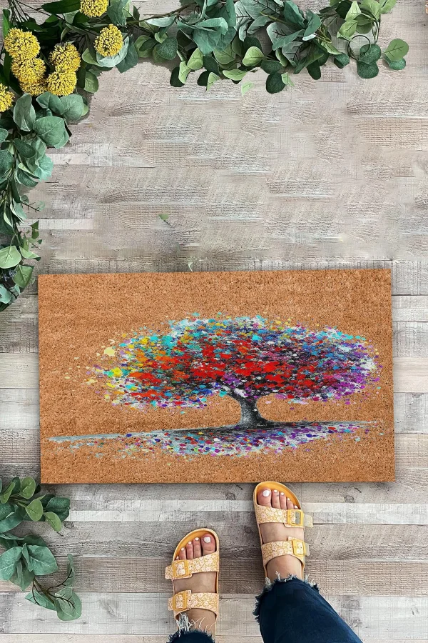 Valerine Life Renkli Yaşam Ağacı Kahverengi Welcome Hoş Geldiniz Kapı Önü Paspası 45x70cm