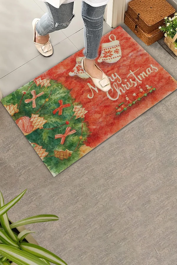 Valerine Life Yılbaşı Noel Çam Ağacı Eldivenli Kırmızı Welcome Hoş Geldiniz Kapı Önü Paspası 45x70cm