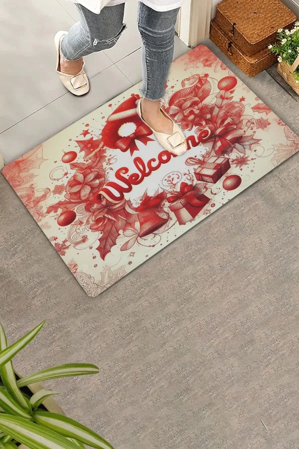 Valerine Life Kırmızı Noel Kapı Süsü Temalı Welcome Kapı Önü Paspası 45x70cm
