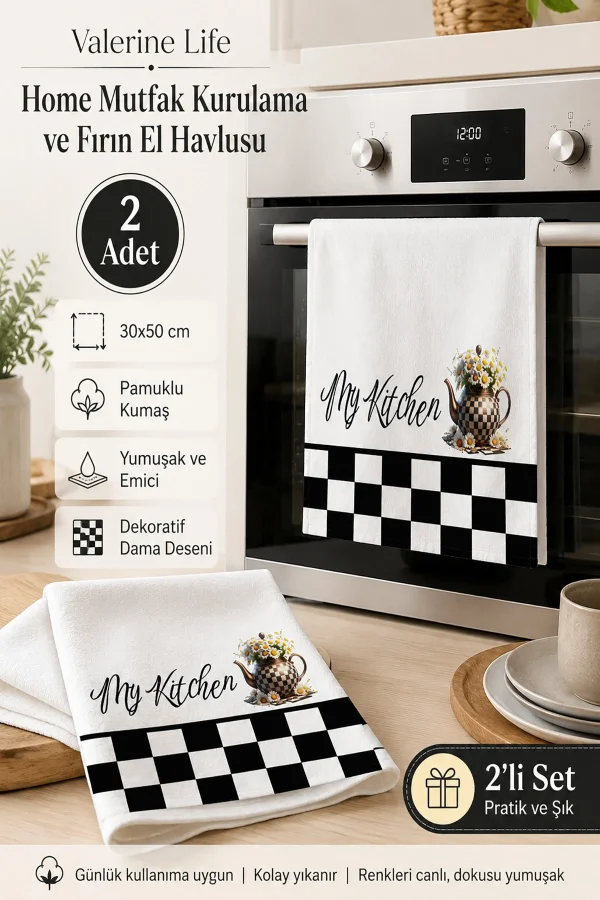 Valerine Life My Kitchen Damalı Papatyalı Mutfak Kurulama Fırın El Havlusu Pamuklu 30x50cm 2 Adet