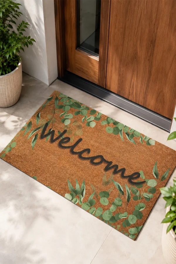 Valerine Life Okaliptüs Yaprakları Welcome Ev işyeri iç Dış Kapı Önü Paspası 45x70cm