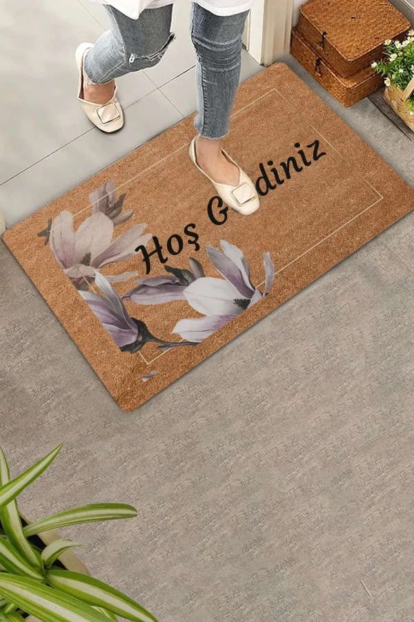 Valerine Life Pudra Rengi Zambak Çiçeği Hoş Geldiniz Kapı Önü Paspası 45x70cm