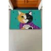 Valerine Life Kahve Düşkünü Relaks Kedi Yeşil Welcome Hoş Geldiniz Kapı Önü Paspası 45x70cm