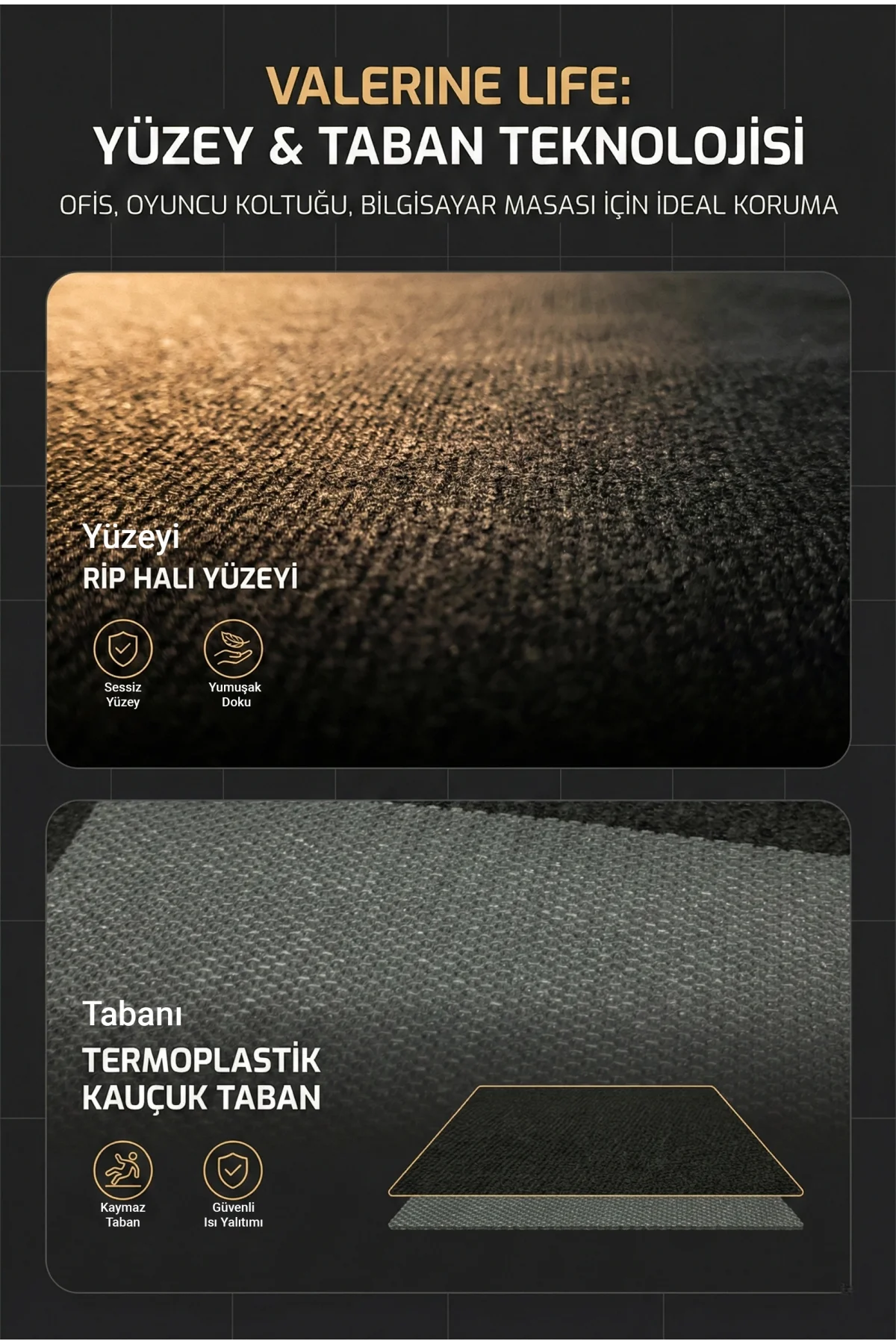 Valerine Life Zemin Döşeme Halısı Ofis, Oyuncu Koltuğu Bilgisayar Masası Koruyucu Mat Kaymaz Taban