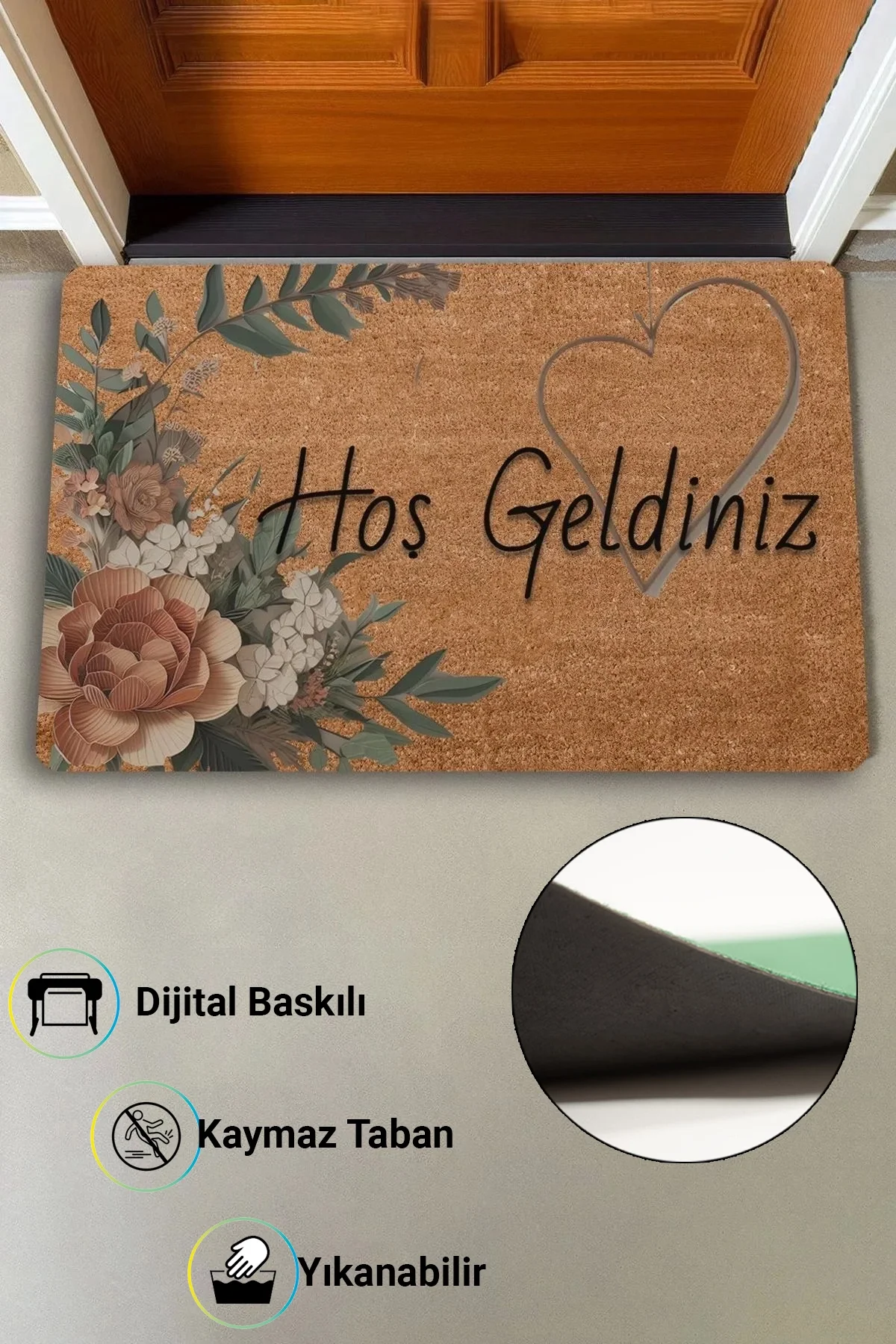 Valerine Life Vintage Zambak ve Kalpli Kahverengi Ev Ofis İş yeri Dükkan Kapı Önü Paspası 45x70cm