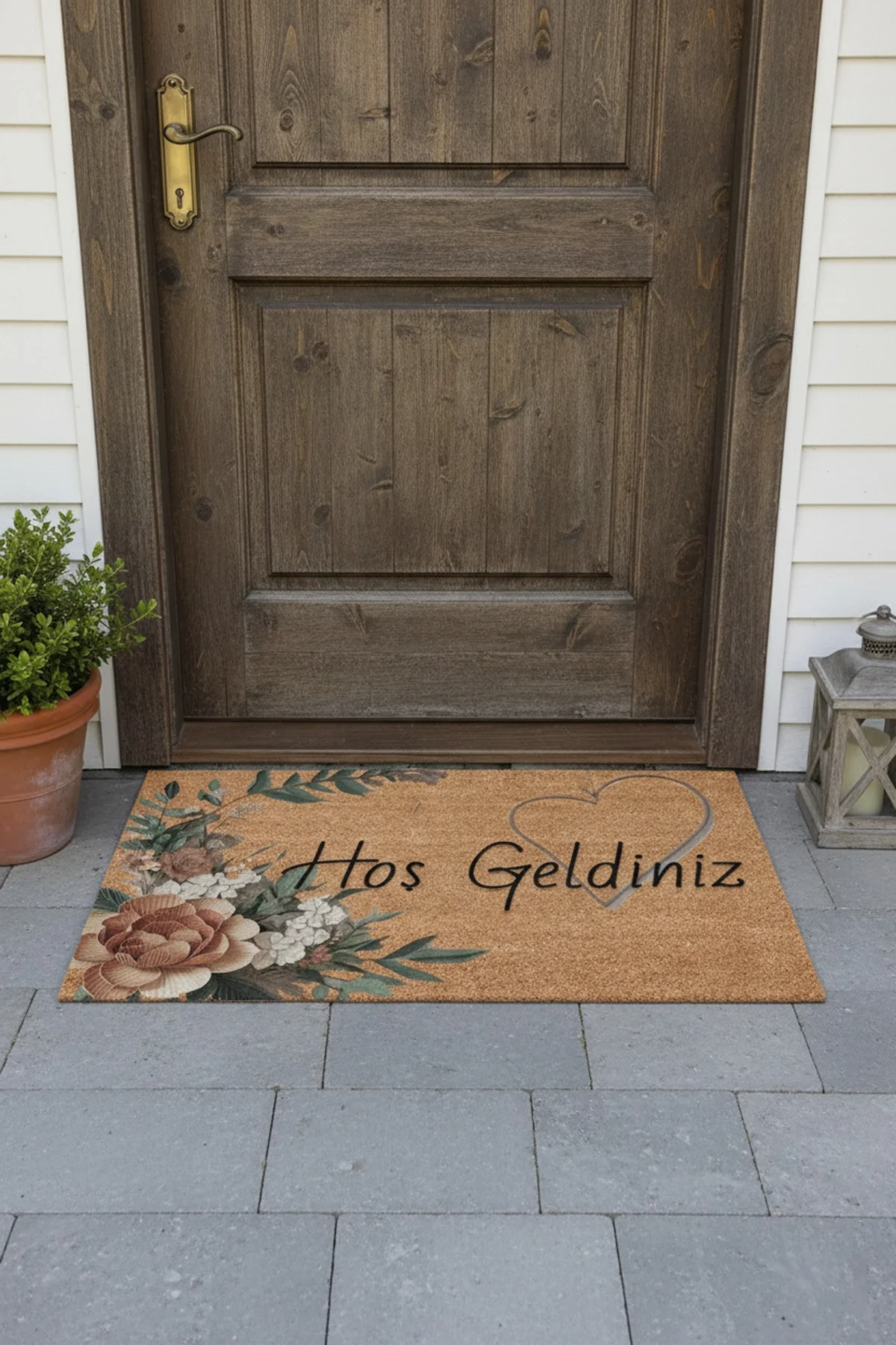 Valerine Life Vintage Zambak ve Kalpli Kahverengi Ev Ofis İş yeri Dükkan Kapı Önü Paspası 45x70cm