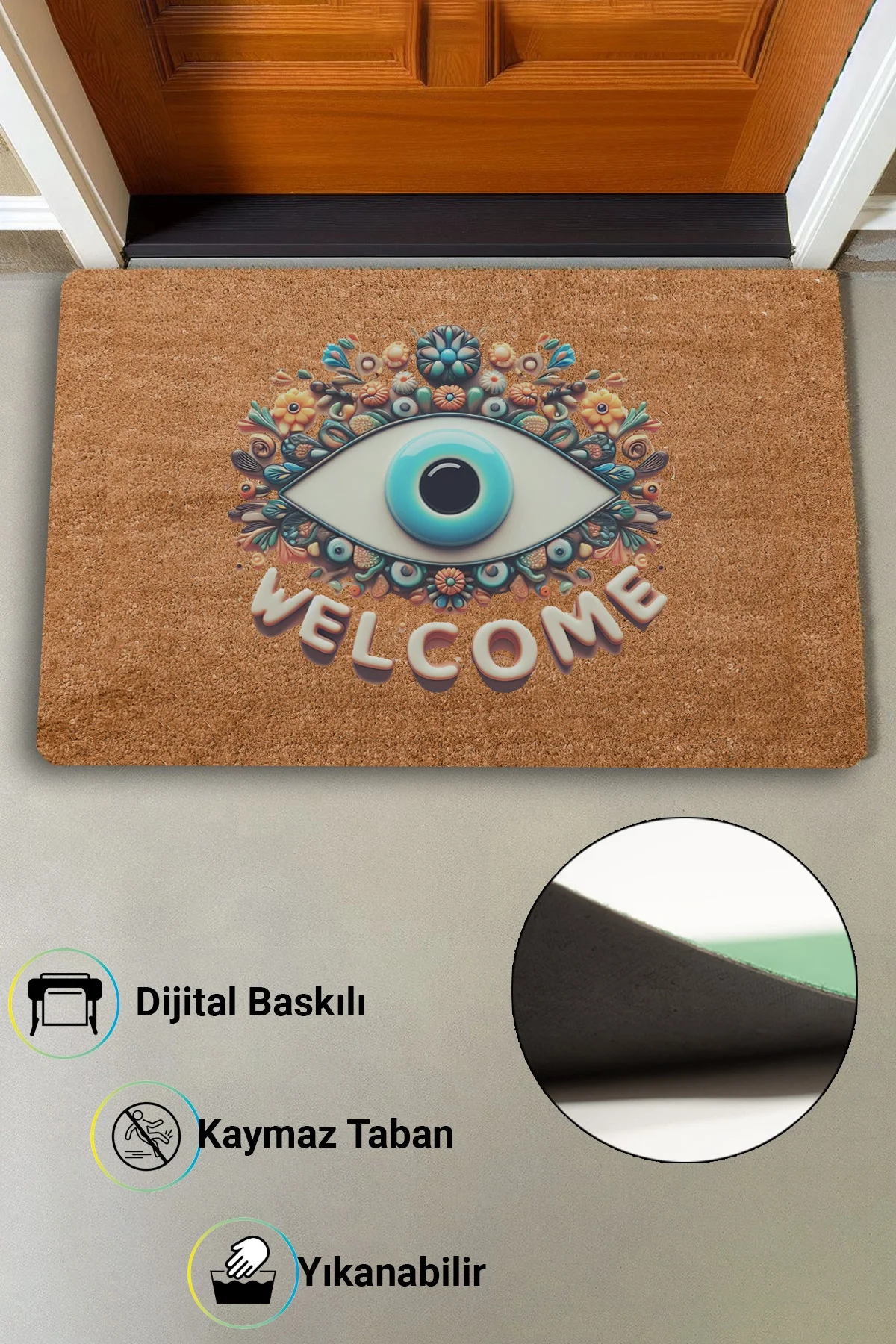 Valerine Life Aman Göz Değmesin Nazar Boncuğu Welcome Kapı Önü Paspası 45x70cm