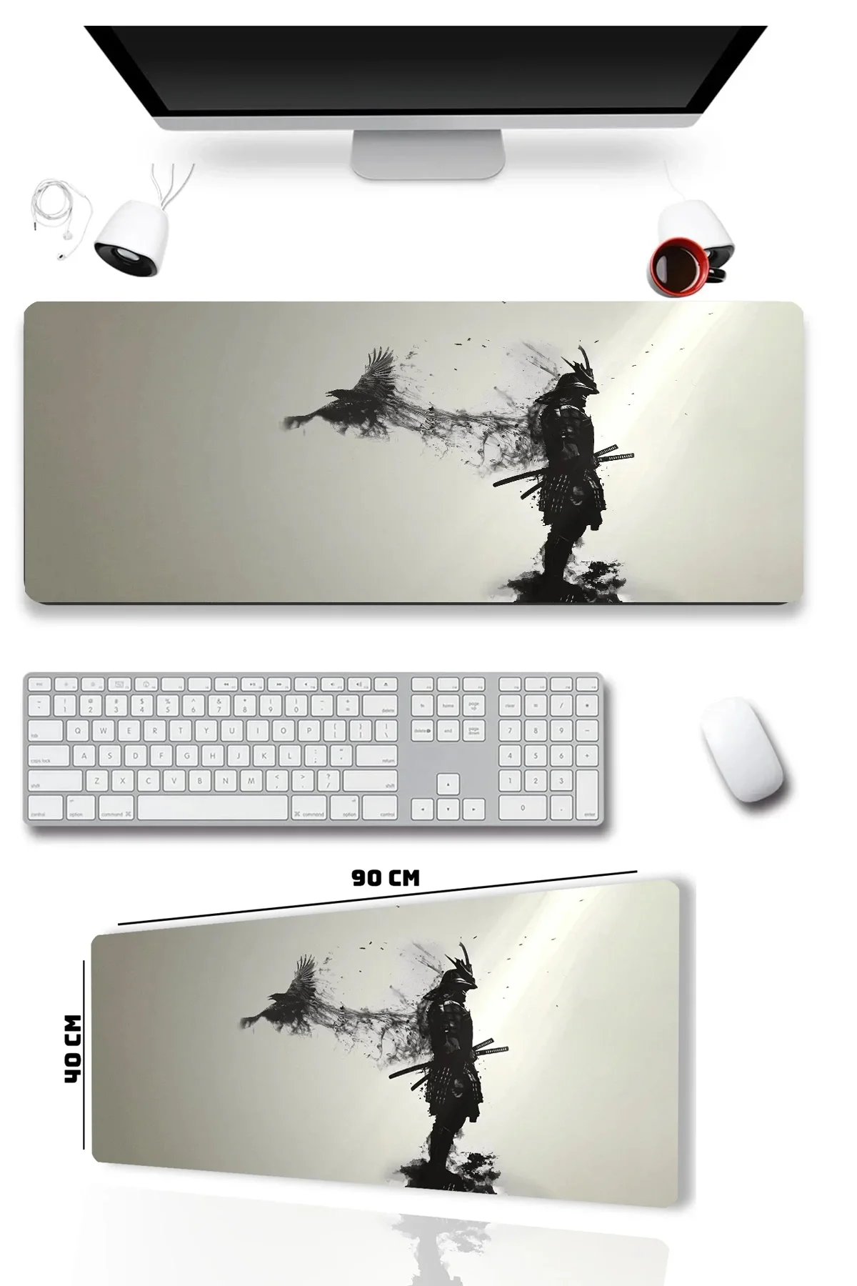 SonicTouch Kuzgun ve Samuray Dikişsiz Xxl Gamer Oyuncu Masaüstü Siyah Beyaz Klavye Mouse Pad 40x90Cm