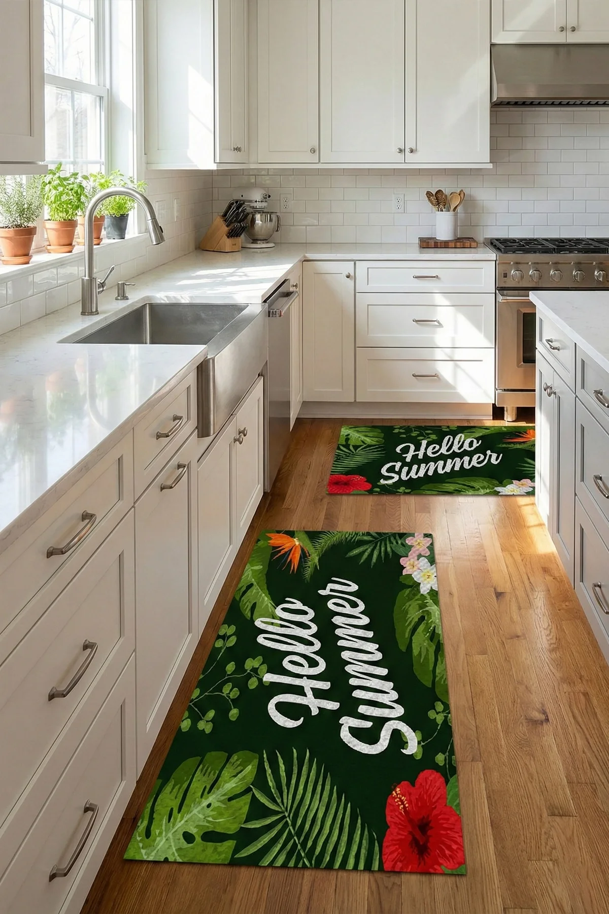 Valerine Life Mutfak Yolluğu Halısı Hello Summer Yeşil Tezgah Önü Paspası İkili Kilim Takımı Döküntülere Estetik Çözüm Matı