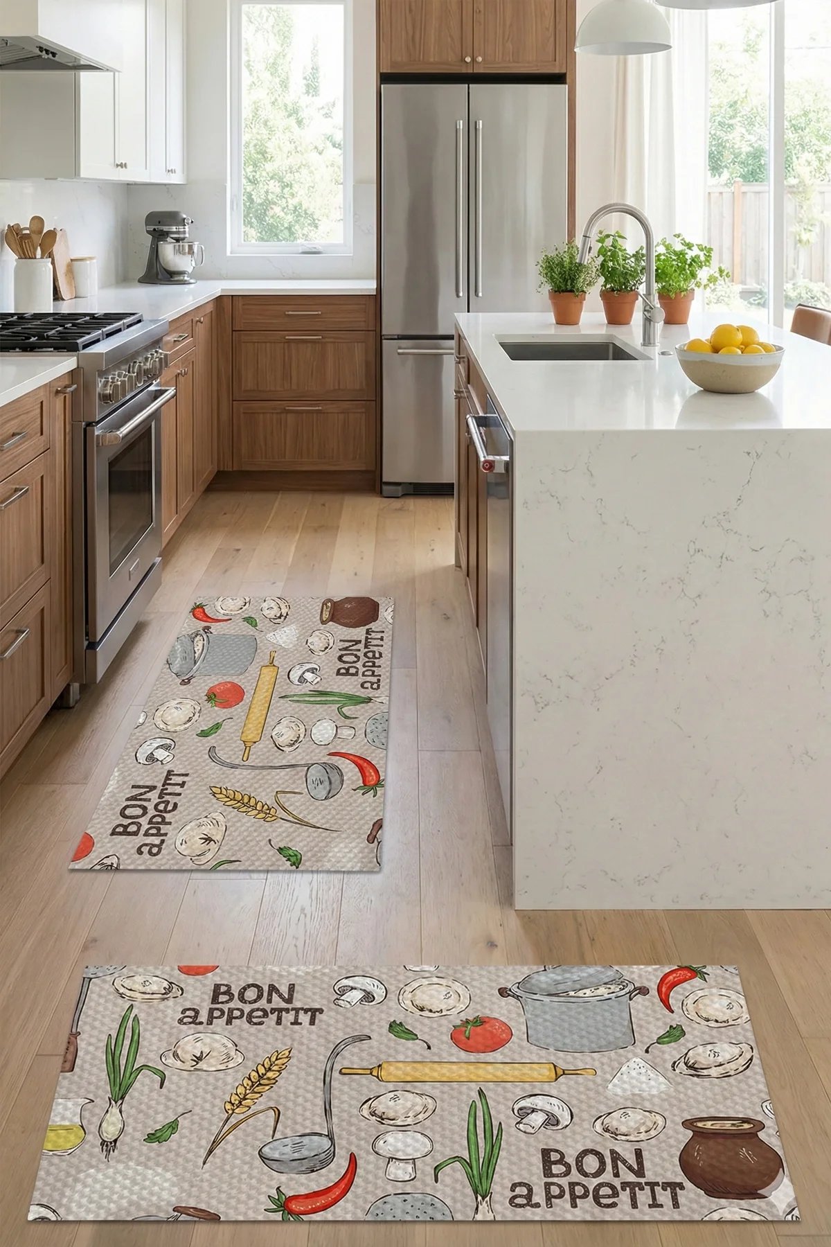 Valerine Life Mutfak Yolluğu Halısı Bon Appetit Afiyet Olsun Krem Renk Tezgah Önü Paspası İkili Kilim Takımı Döküntülere Estetik Çözüm Matı