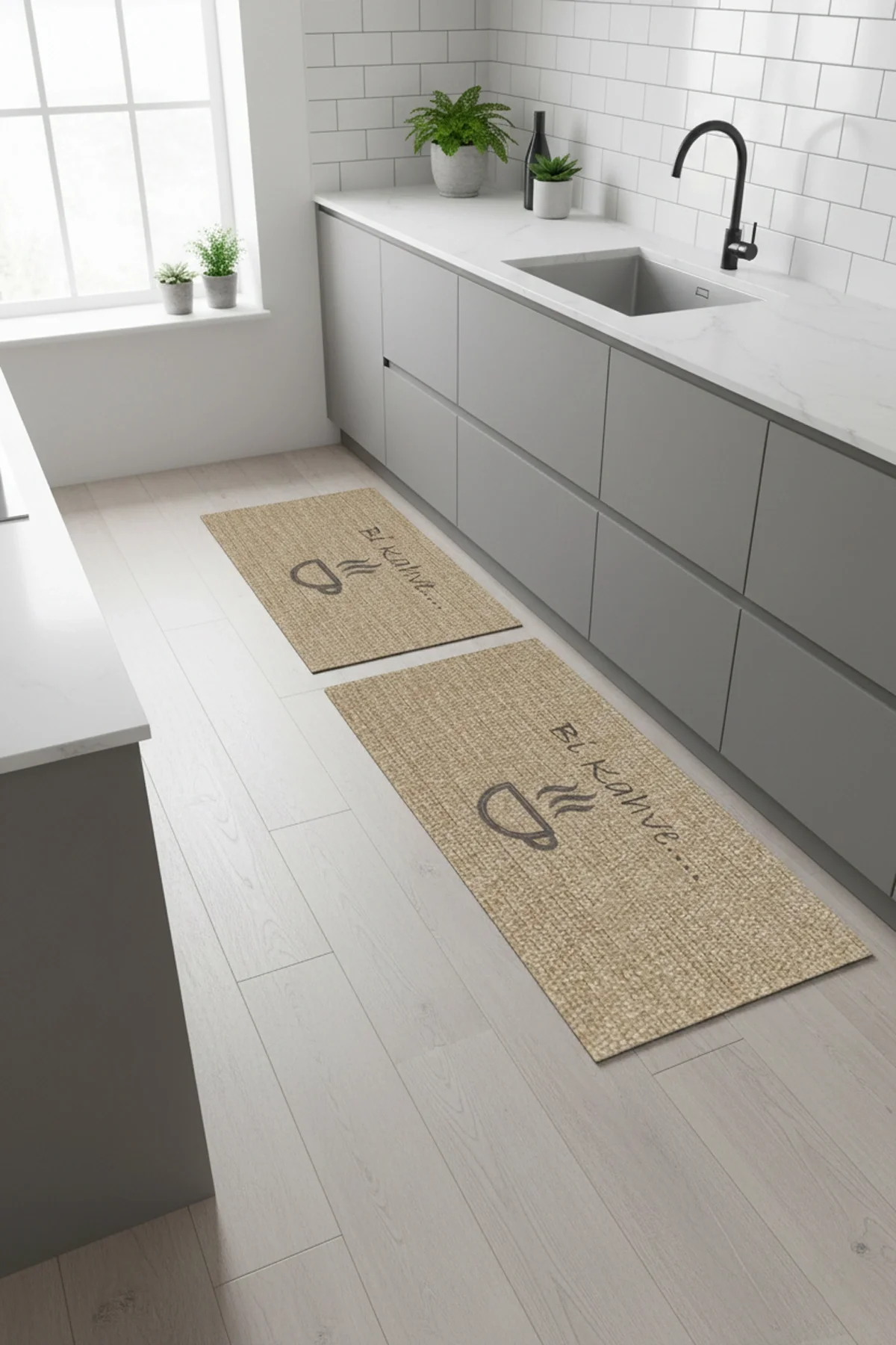 Valerine Life Mutfak Yolluğu Halısı Bi Kahve Fincanlı Krem Rengi Tezgah Önü Paspası İkili Kilim Takımı Döküntülere Estetik Çözüm Matı