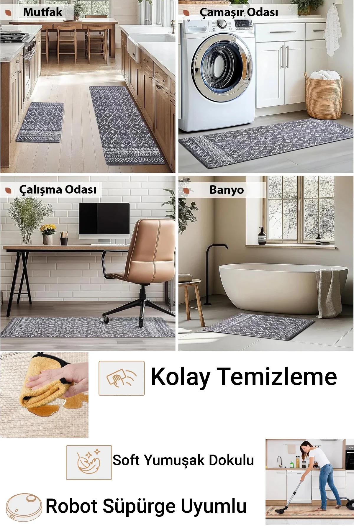 Valerine Life Mutfak Yolluğu Halısı Papatyalı Krem Rengi Tezgah Önü Paspası İkili Kilim Takımı Döküntülere Estetik Çözüm Matı