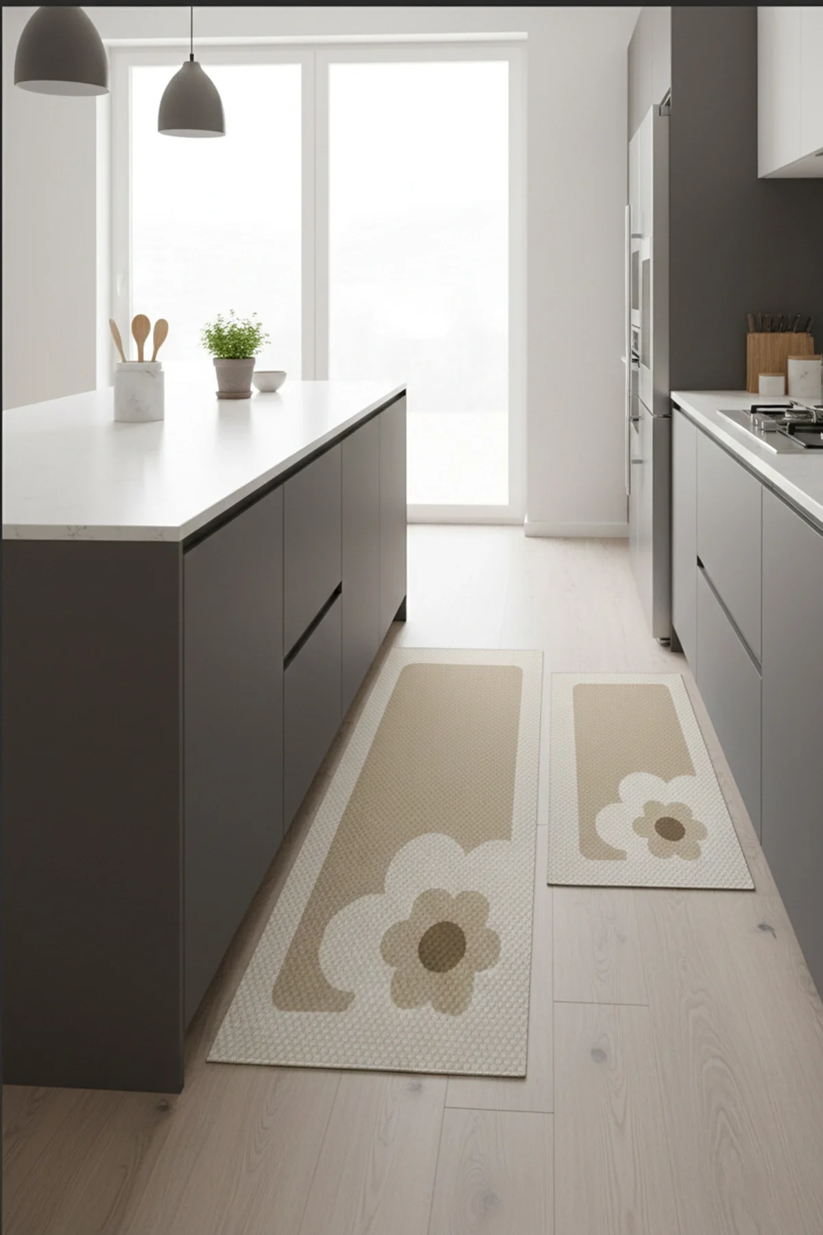 Valerine Life Mutfak Yolluğu Halısı Papatyalı Krem Rengi Tezgah Önü Paspası İkili Kilim Takımı Döküntülere Estetik Çözüm Matı