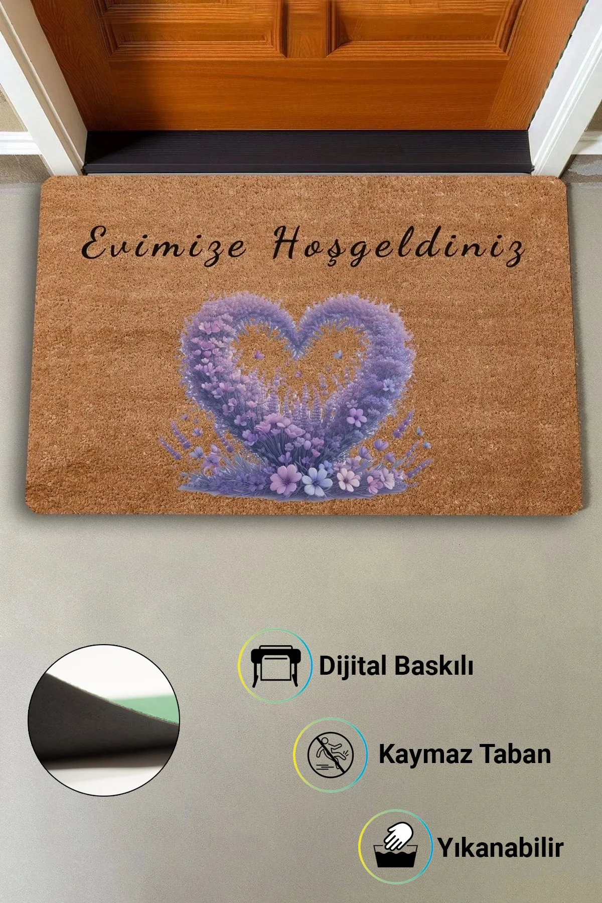 Valerine Life Aşk Çemberi Lavantalı Evimize Hoş Geldiniz Ev Ofis İş Yeri Kapı Önü Paspası 45x70cm