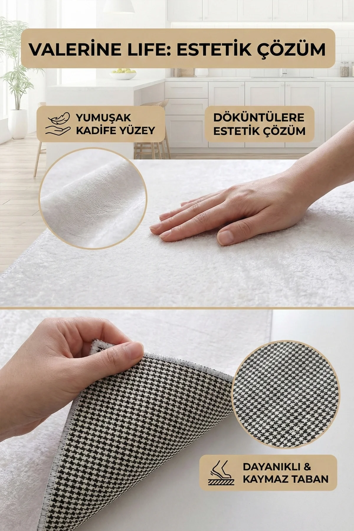 Valerine Life Mutfak Yolluğu Halısı Sweet Kitchen Krem Renk Tezgah Önü Paspası İkili Kilim Takımı Döküntülere Estetik Çözüm Matı