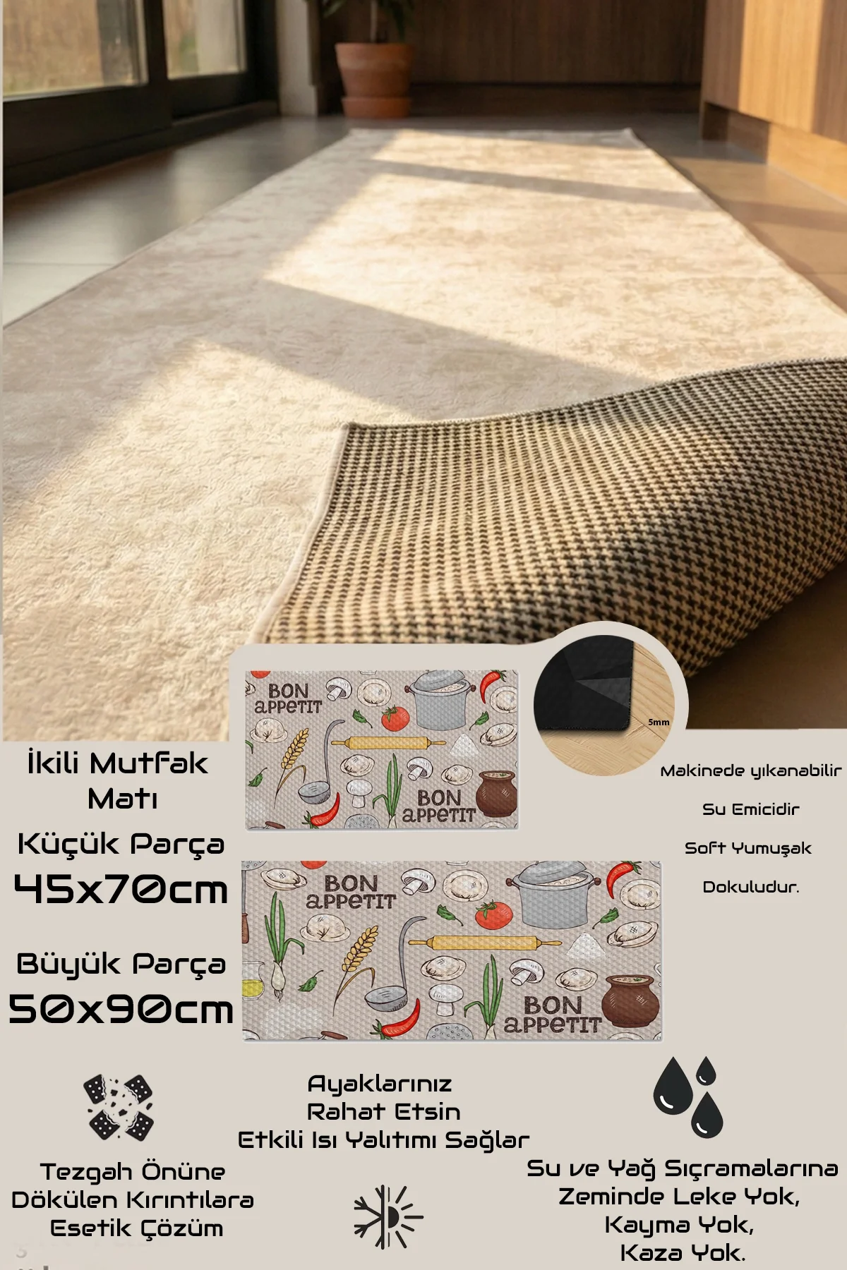 Valerine Life Mutfak Yolluğu Halısı Bon Appetit Afiyet Olsun Krem Renk Tezgah Önü Paspası İkili Kilim Takımı Döküntülere Estetik Çözüm Matı